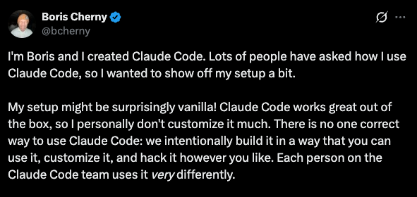 Boris Cherny, creator of Claude Code, sharing how he uses Claude Code